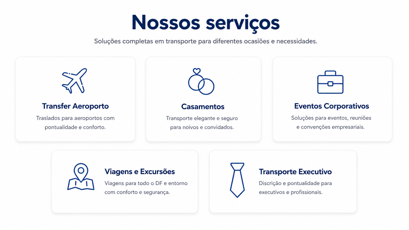 Nossos serviços: transfer aeroporto, casamentos, eventos corporativos, viagens e excursões e transporte executivo